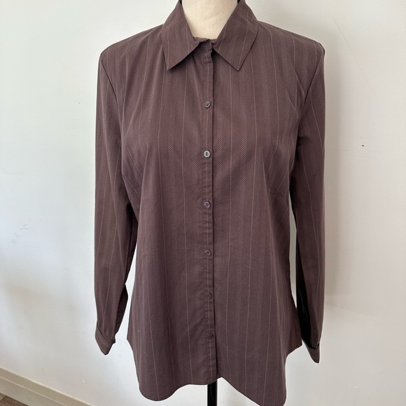VTG Old Navy pin stripe fitted dress shirt brown collared long sleeves SZ L EUC - Picture 1 of 8